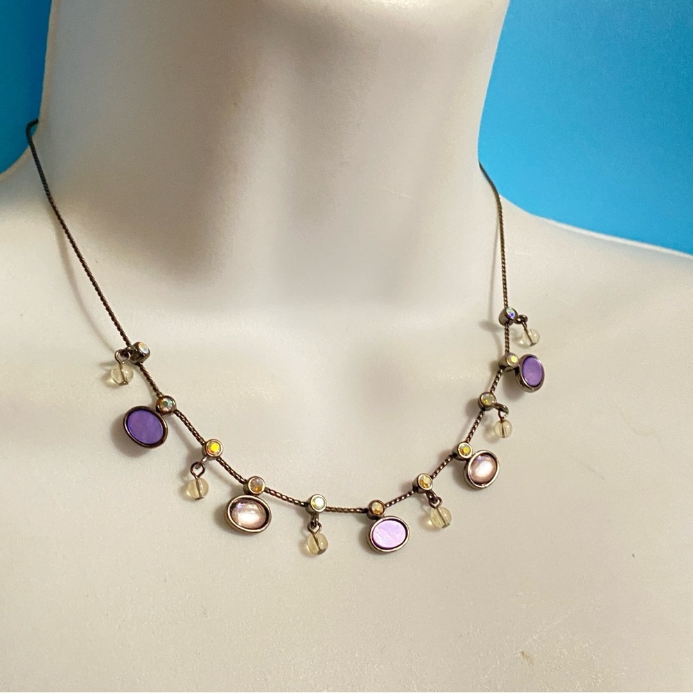 ANNE KLEIN Necklace Gun Metal Chain With Crystal & Purple Cabochons 15-17”
